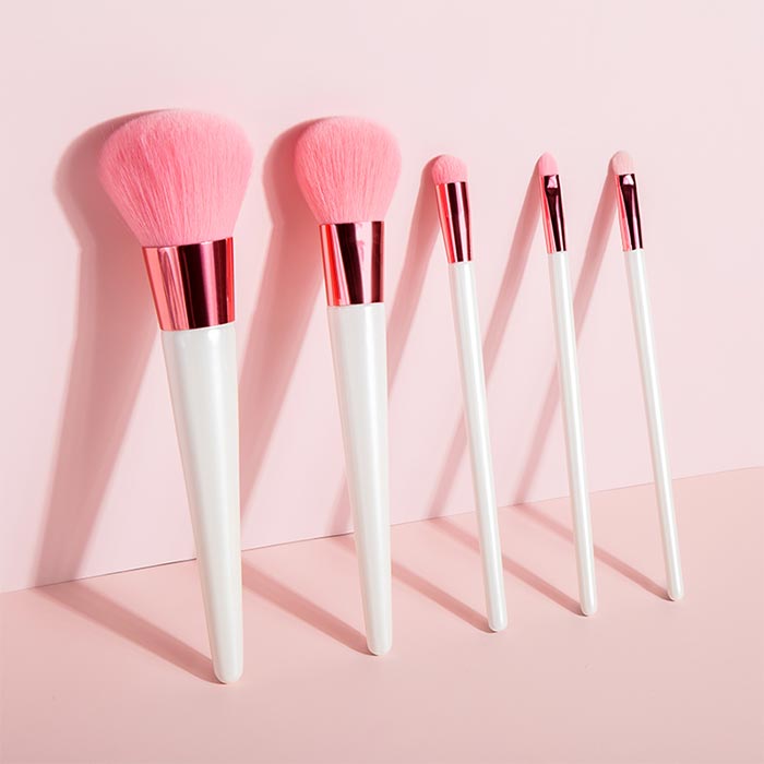 White-handled pink makeup brush set (5 pieces)